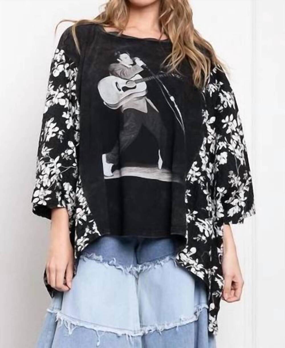 NEW BLUE VELVET floral sleeve poncho top in elvis print